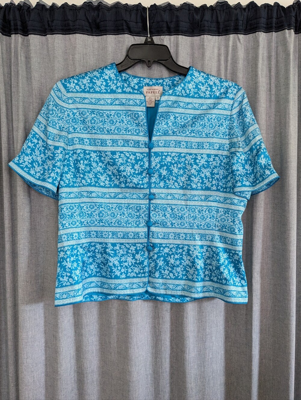 Adrianna Papell Top Women's 14 Blue Floral Silk Short Sleeve Button Up Summer